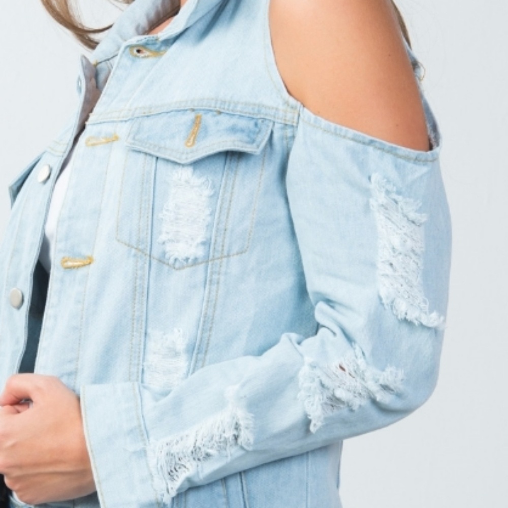 Cold Shoulder Distressed Denim Jacket - Picture 6 of 8
